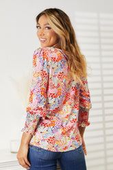 Double Take Floral Print Long Puff Sleeve Blouse OutfitFlow